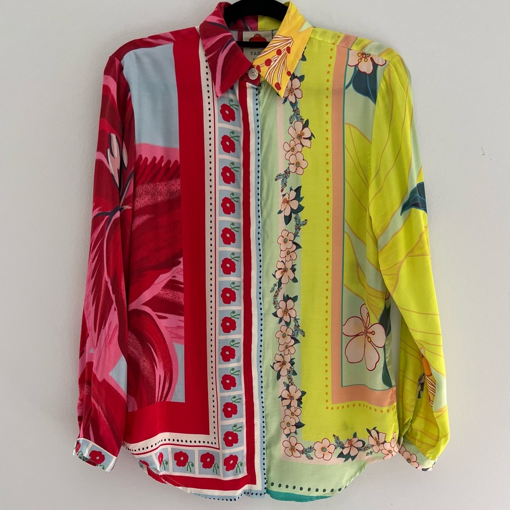 Farm Rio Shelby Floral Scarf Bohemian Patchwork Button Down Shirt - XSMALL - Picture 4 of 10